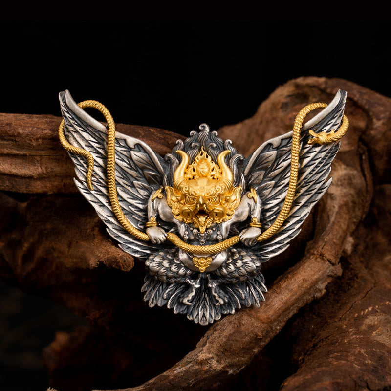 Buddha Stones 925 Sterling Silver Tibetan Garuda Bird Dragon Snake Wisdom Necklace Pendant - image 1