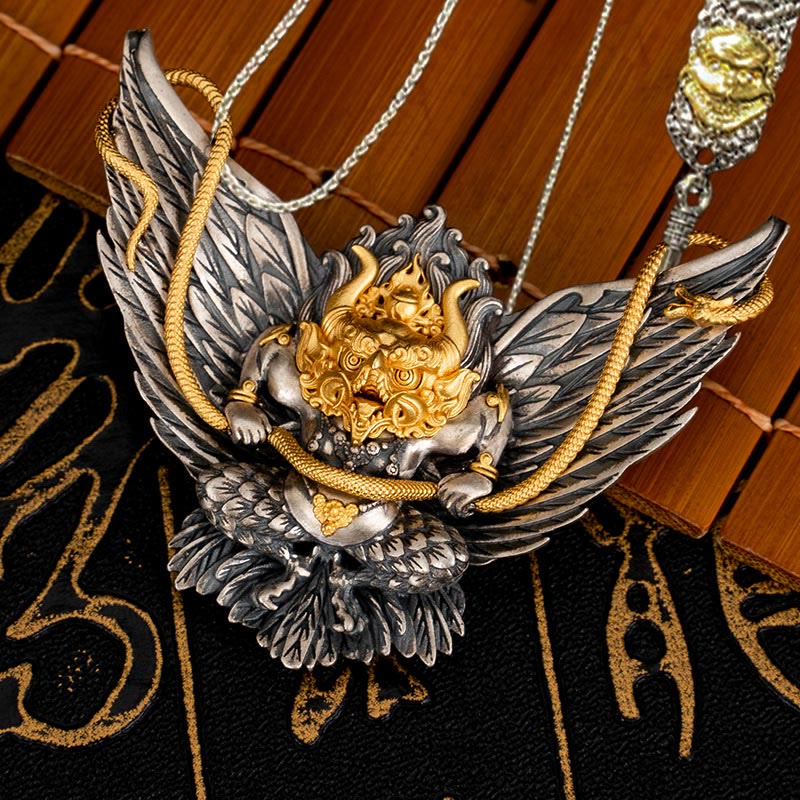 Buddha Stones 925 Sterling Silver Tibetan Garuda Bird Dragon Snake Wisdom Necklace Pendant - Garuda&52cm The Lord of the Corpse Forest Copper Chain - image 20