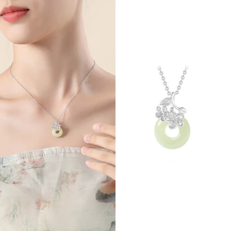 Buddha Stones Hetian Jade 999 Sterling Silver Peace Buckle Peach Blossom Necklace Pendant - image 12