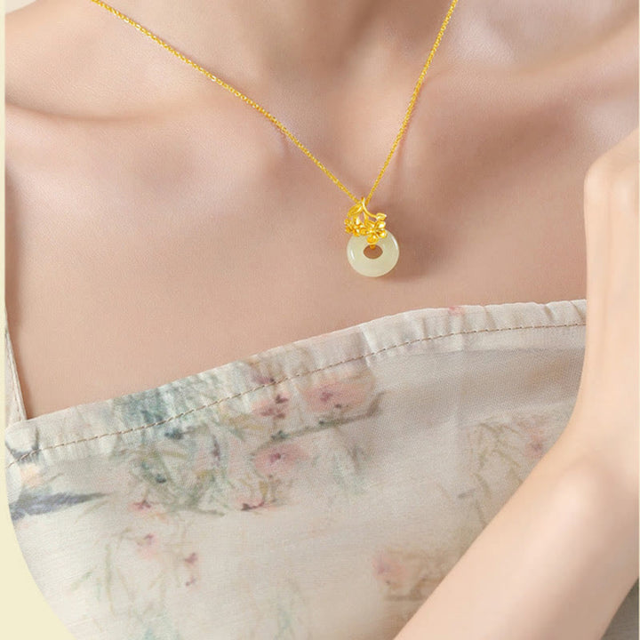 Buddha Stones Hetian Jade 999 Sterling Silver Peace Buckle Peach Blossom Necklace Pendant - image 2