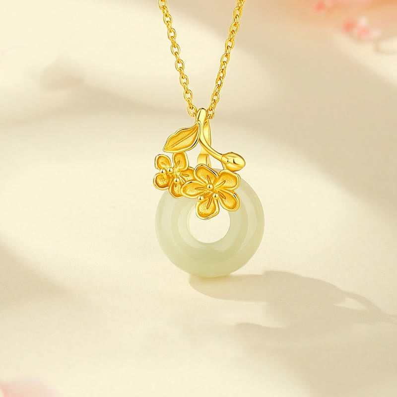 Buddha Stones Hetian Jade 999 Sterling Silver Peace Buckle Peach Blossom Necklace Pendant - Golden Hetian Jade - image 0