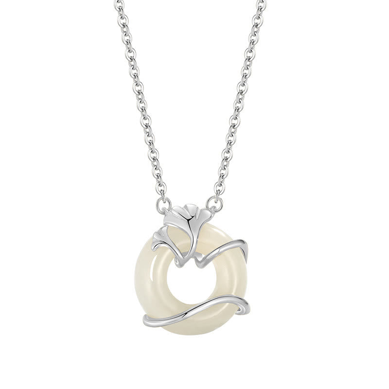 Buddha Stones Hetian Jade 925 Sterling Silver Peace Buckle Ginkgo Leaf Necklace Pendant - image 12
