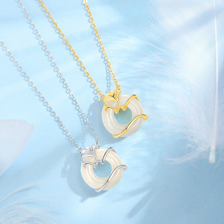 Buddha Stones Hetian Jade 925 Sterling Silver Peace Buckle Ginkgo Leaf Necklace Pendant - image 2