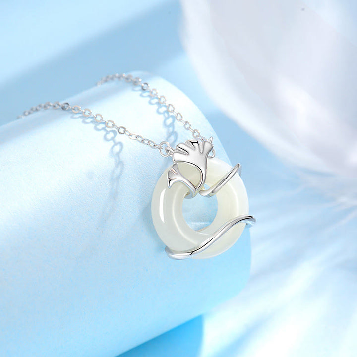 Buddha Stones Hetian Jade 925 Sterling Silver Peace Buckle Ginkgo Leaf Necklace Pendant - image 9