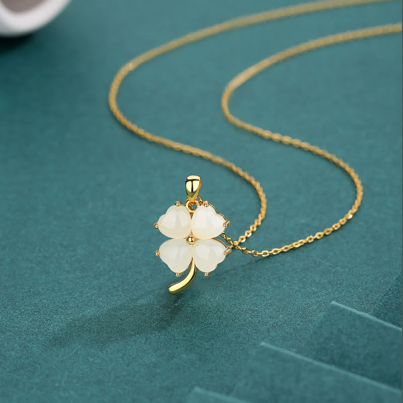 Buddha Stones Hetian Jade 925 Sterling Silver Four Leaf Clover Necklace Pendant - image 1