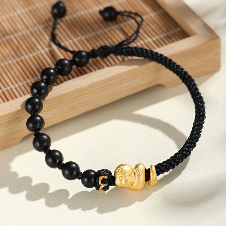 Buddha Stones Small Leaf Red Sandalwood Ebony Wood Beads 999 Year Of The Snake Cotton Rope Protection Braided Bracelet