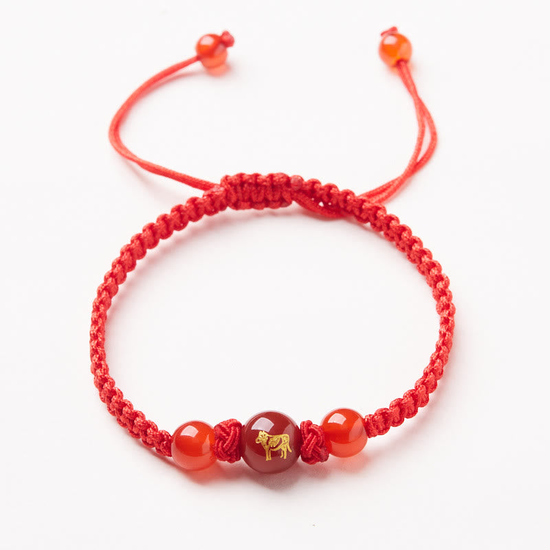 Buddha Stones Natural Red Agate Chinese Zodiac Red String Braided Protection Luck Bracelet