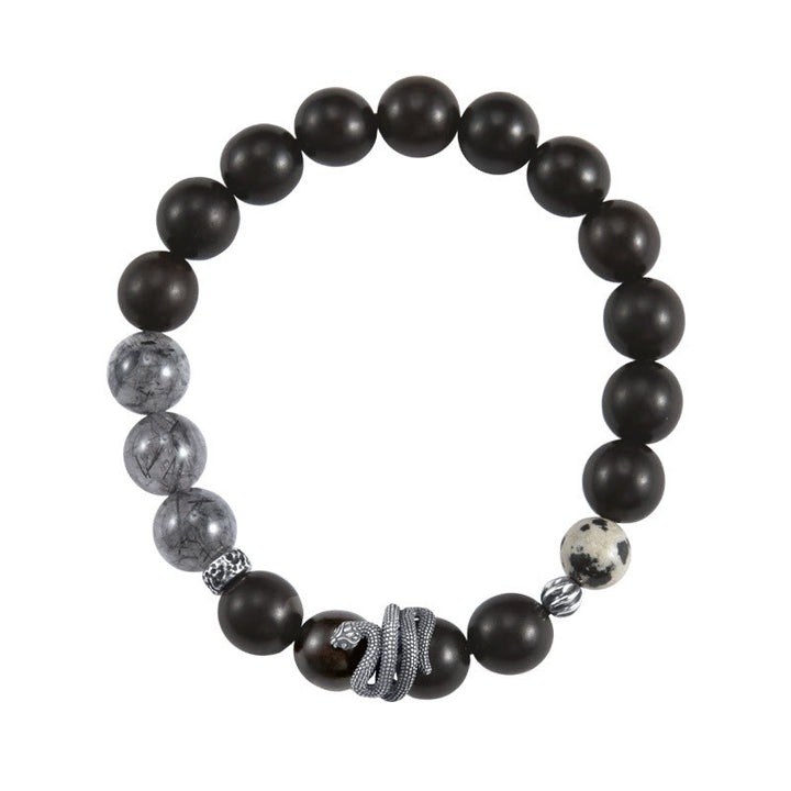 Buddha Stones Ebony Wood Black Rutilated Quartz 925 Sterling Silver Year Of The Snake Balance Bracelet