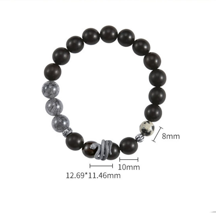 Buddha Stones Ebony Wood Black Rutilated Quartz 925 Sterling Silver Year Of The Snake Balance Bracelet