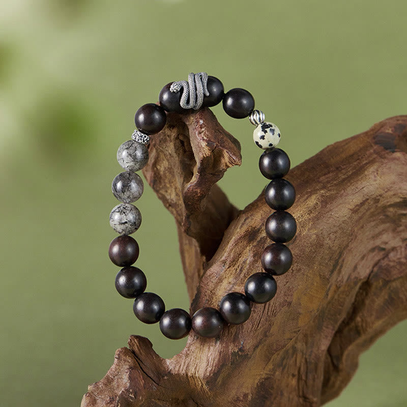 Buddha Stones Ebony Wood Black Rutilated Quartz 925 Sterling Silver Year Of The Snake Balance Bracelet