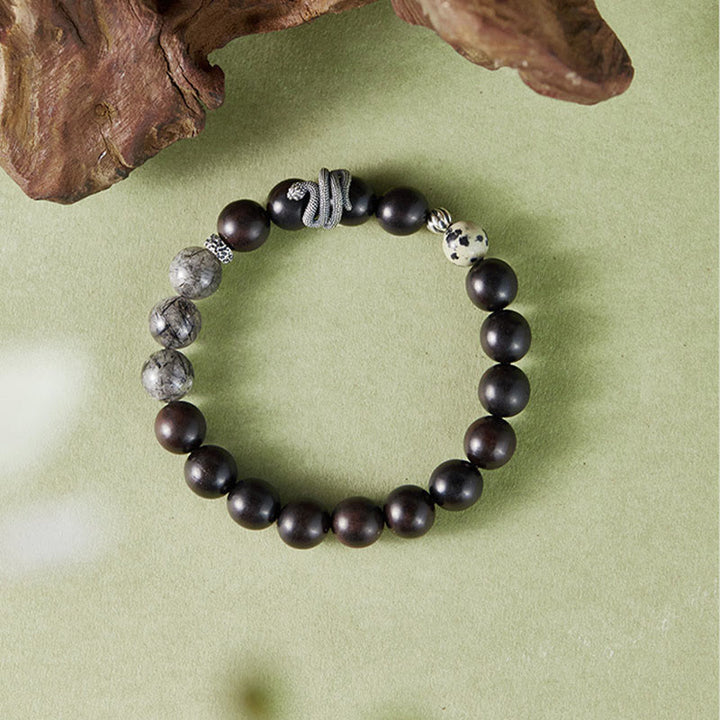 Buddha Stones Ebony Wood Black Rutilated Quartz 925 Sterling Silver Year Of The Snake Balance Bracelet - image 8