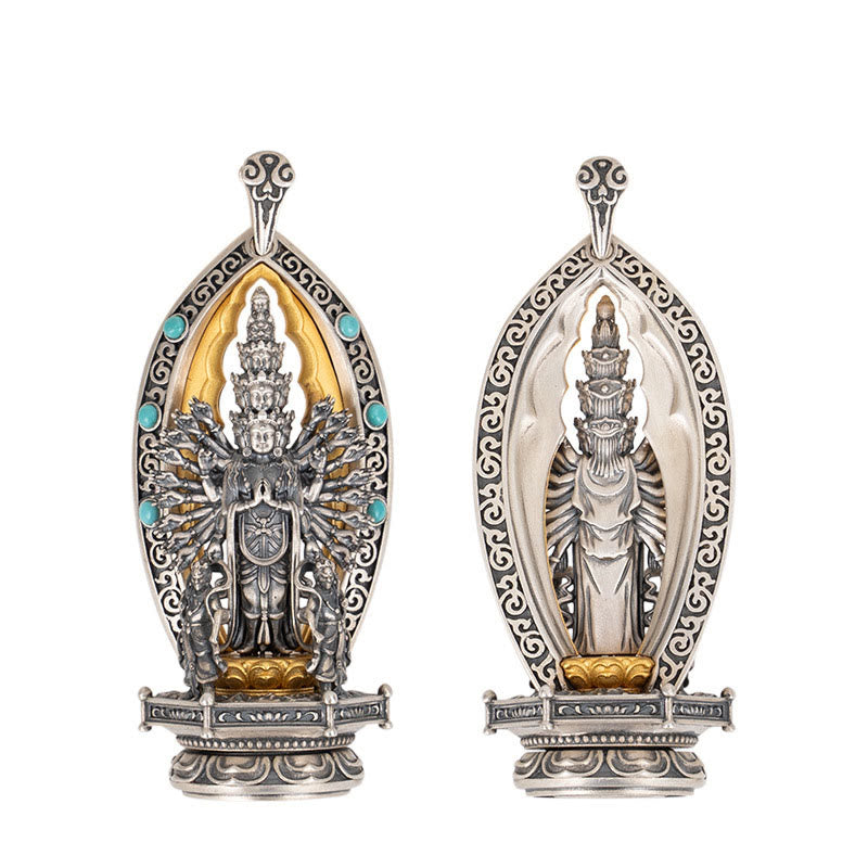 Buddha Stones 925 Sterling Silver Thousand-armed Guanyin Kwan Yin Avalokiteśvara Wealth Necklace Pendant