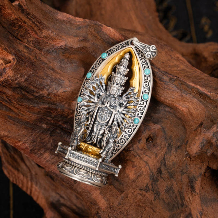 Buddha Stones 925 Sterling Silver Thousand-armed Guanyin Kwan Yin Avalokiteśvara Wealth Necklace Pendant