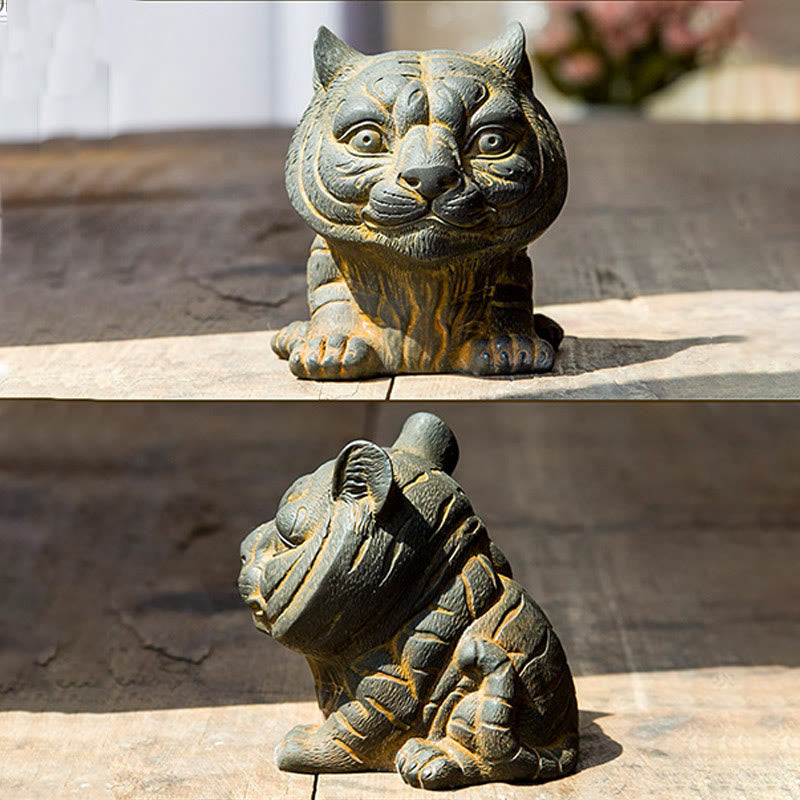 Buddha Stones Handmade Small Lovely Tiger Iron Powder Rust Cast Resin Statue Home Decoration