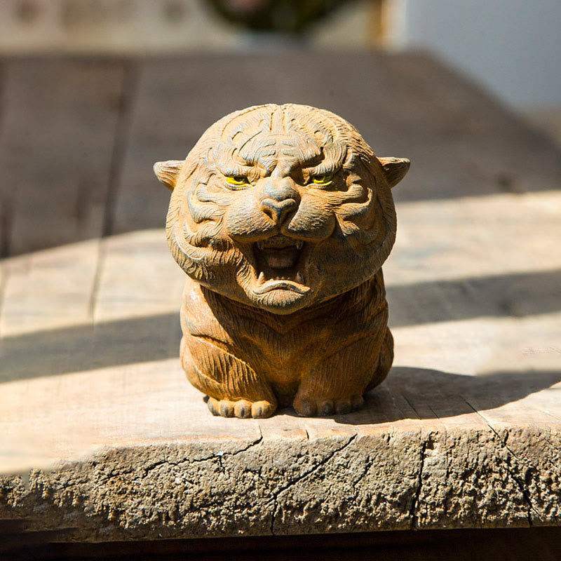 Buddha Stones Handmade Mini Roaring Tiger Iron Powder Rust Cast Resin Statue Home Decoration