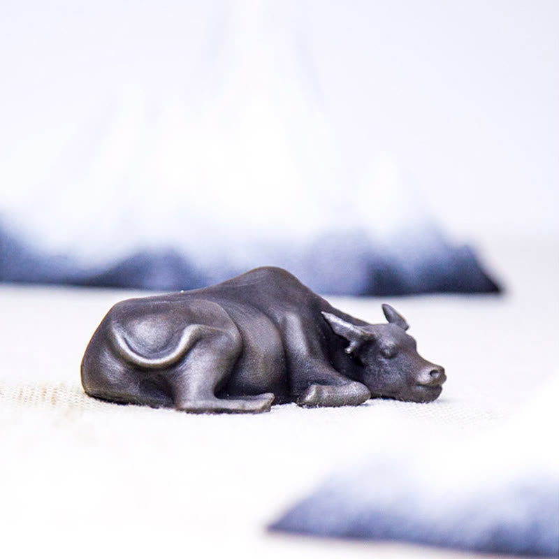 Buddha Stones Handmade Small Water Buffalo Bull Iron Powder Rust Cast Resin Statue Home Decoration