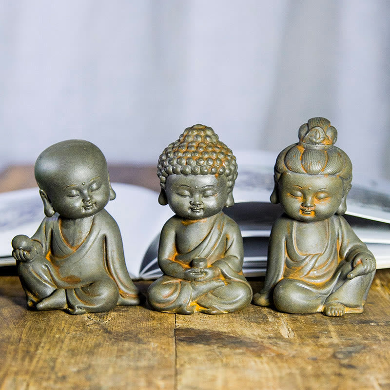 Buddha Stones Handmade Ksitigarbha Kwan Yin Guanyin Avalokitesvara Tathagata Iron Powder Rust Cast Resin Statue Home Decoration - Rust Version - 3Pcs Buddha Set - image 0