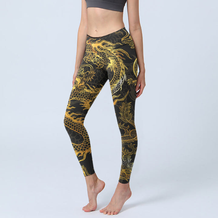 Buddha Stones Golden Dragon Print Gym Leggings Women's Yoga Pants - Black - US18，UK/AU22，EU50 (4XL) - image 1