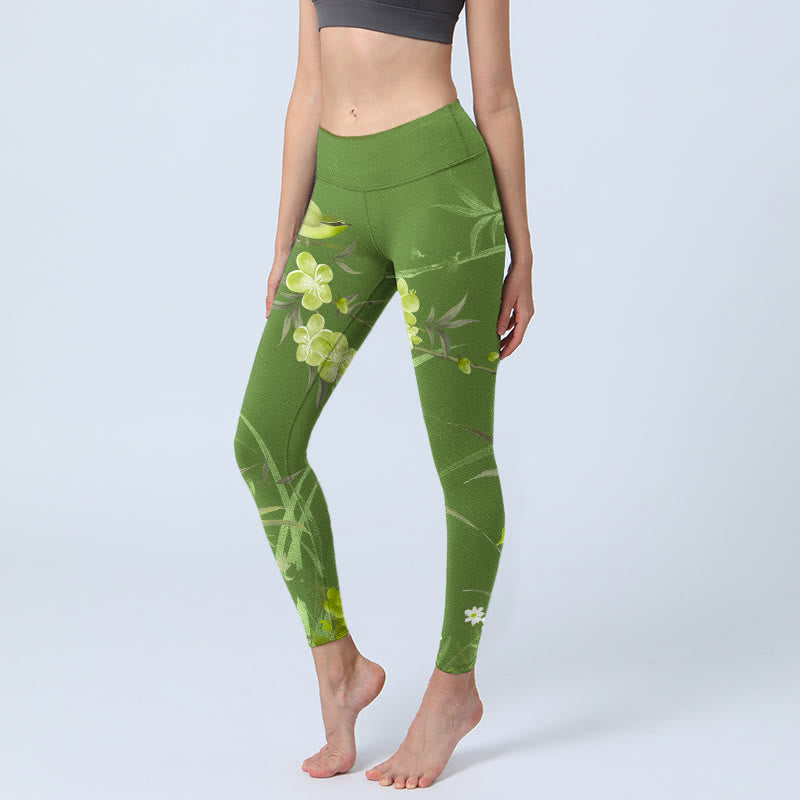 Buddha Stones Magpie Flowers Branches Print Gym Leggings Women's Yoga Pants