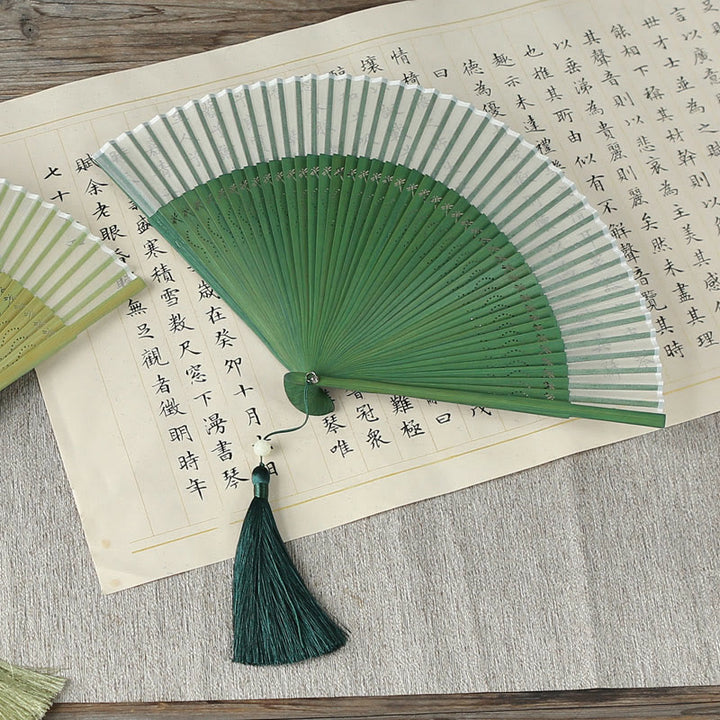 Buddha Stones Solid Color Dragonfly Tassel Handheld Mulberry Silk Bamboo Folding Fan