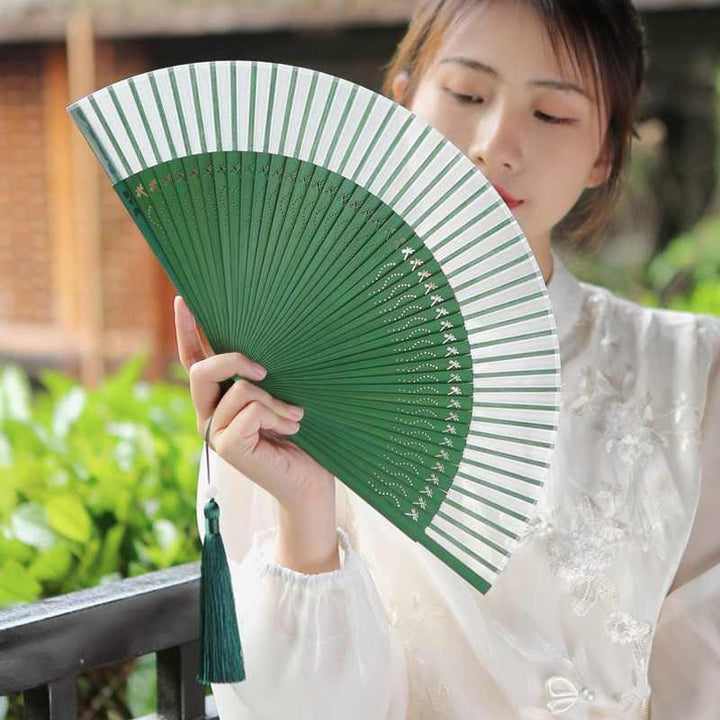 Buddha Stones Solid Color Dragonfly Tassel Handheld Mulberry Silk Bamboo Folding Fan