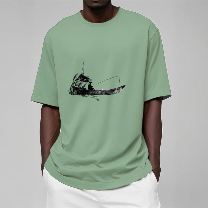 Buddha Stones Boat Fishing Grass Pattern Cotton Tee T-shirt - image 17