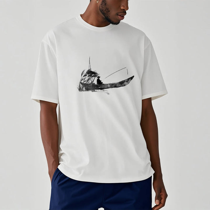 Buddha Stones Boat Fishing Grass Pattern Cotton Tee T-shirt - image 6