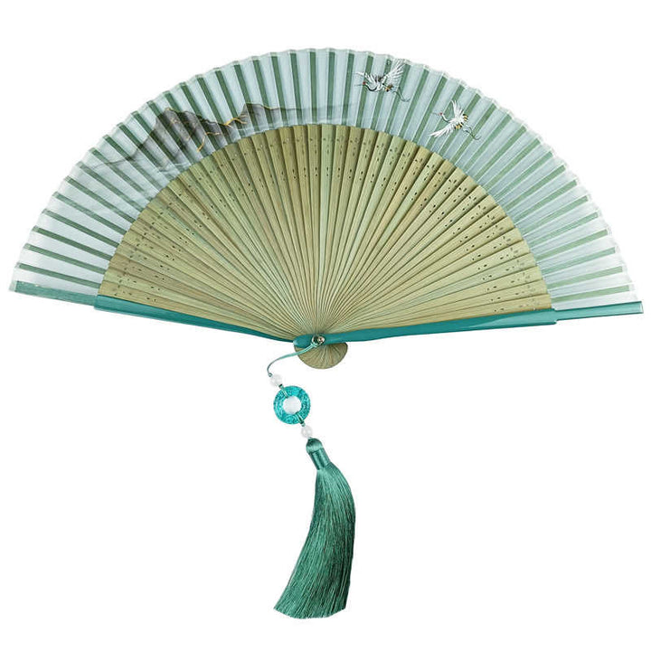 Buddha Stones Retro Mountain River Crane Silk Handheld Bamboo Folding Fan