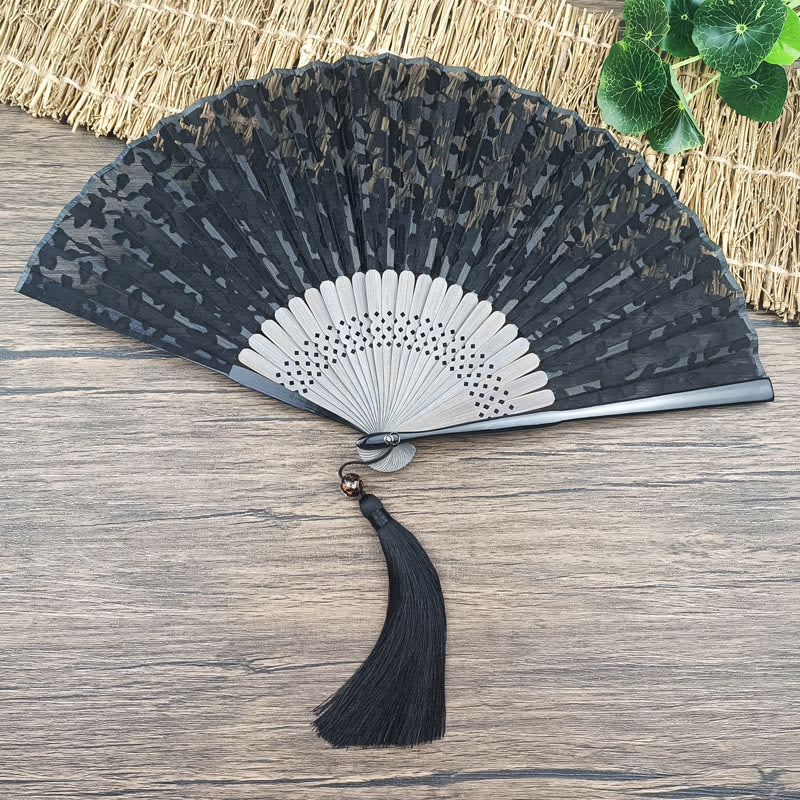 Buddha Stones Retro Leaves Flower Silk Handheld Bamboo Folding Fan