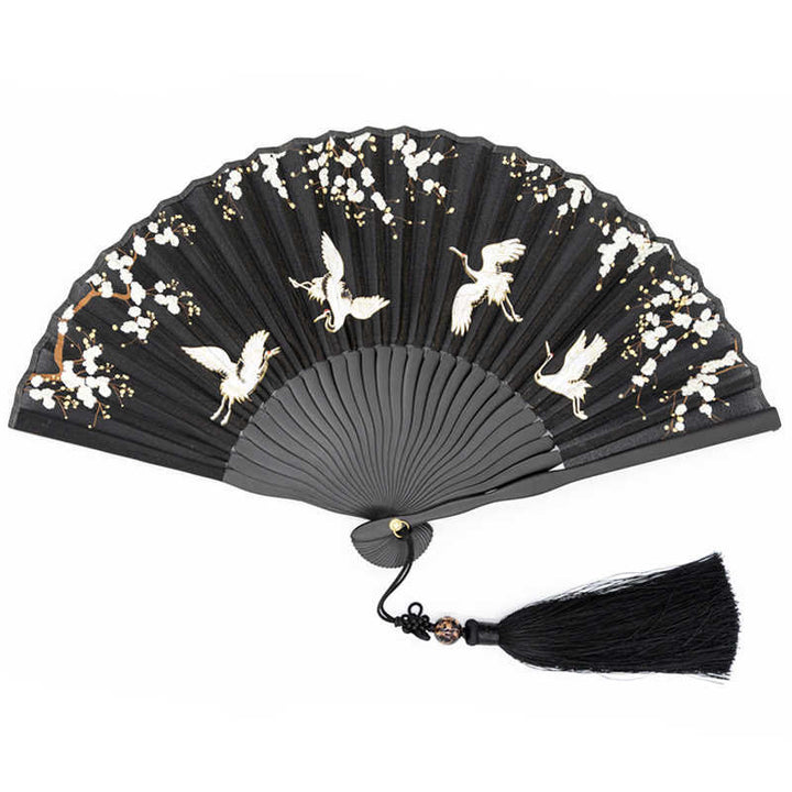 Buddha Stones Plum Blossom Crane Silk Handheld Bamboo Folding Fan