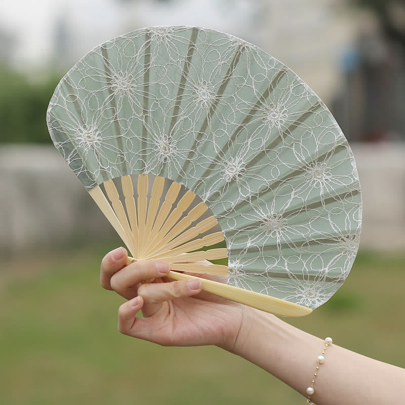 Buddha Stones Retro Large Flower Embroidery Shell Shape Tassels Handheld Bamboo Folding Fan