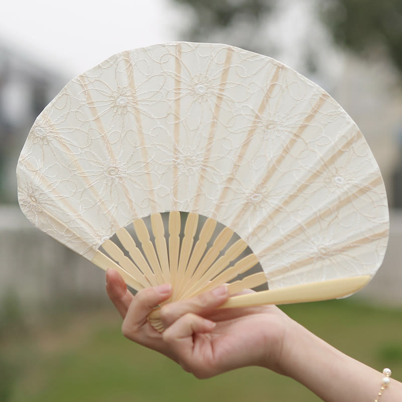 Buddha Stones Retro Large Flower Embroidery Shell Shape Tassels Handheld Bamboo Folding Fan