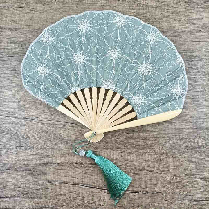 Buddha Stones Retro Large Flower Embroidery Shell Shape Tassels Handheld Bamboo Folding Fan