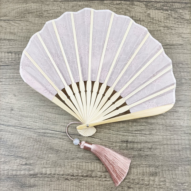 Buddha Stones Retro Large Flower Embroidery Shell Shape Tassels Handheld Bamboo Folding Fan