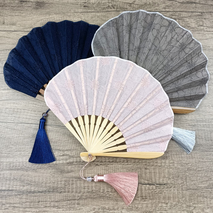 Buddha Stones Retro Large Flower Embroidery Shell Shape Tassels Handheld Bamboo Folding Fan