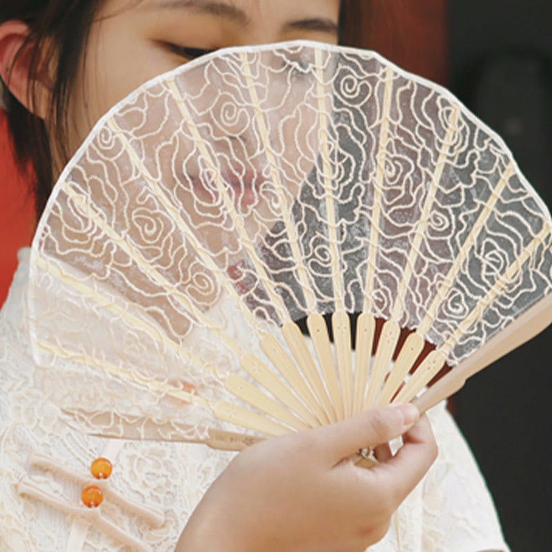 Buddha Stones Rose Embroidery Lace Shell Shape Tassels Handheld Bamboo Folding Fan