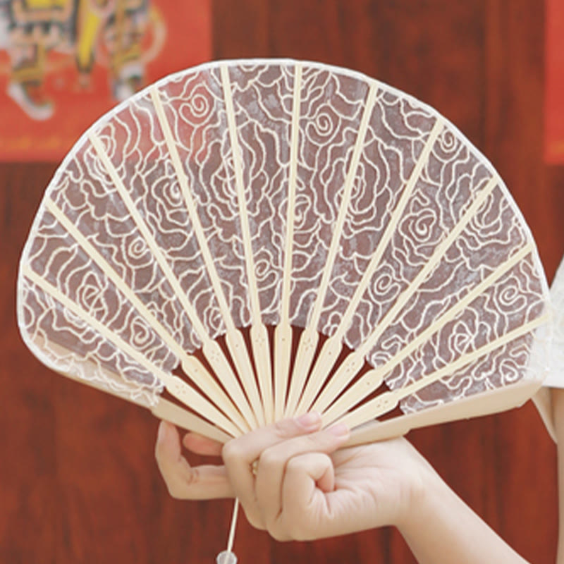 Buddha Stones Rose Embroidery Lace Shell Shape Tassels Handheld Bamboo Folding Fan