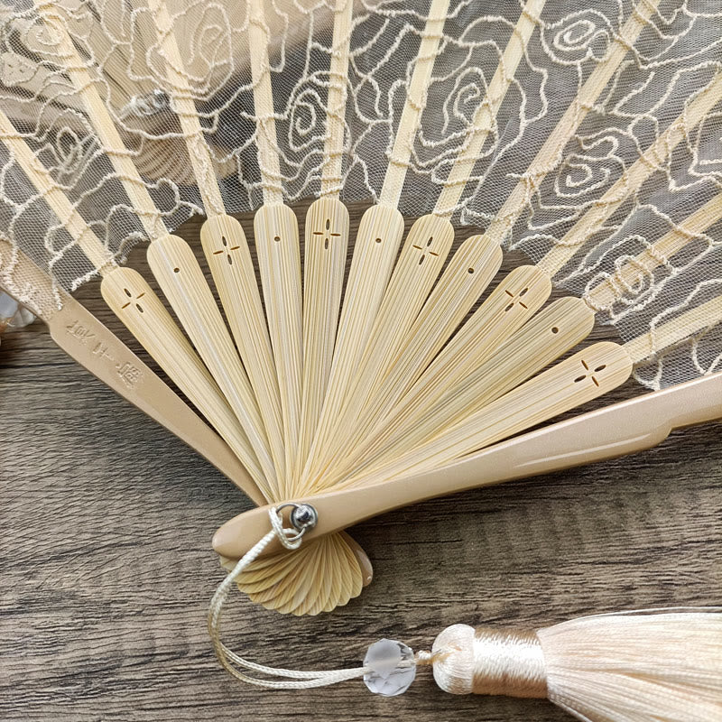 Buddha Stones Rose Embroidery Lace Shell Shape Tassels Handheld Bamboo Folding Fan