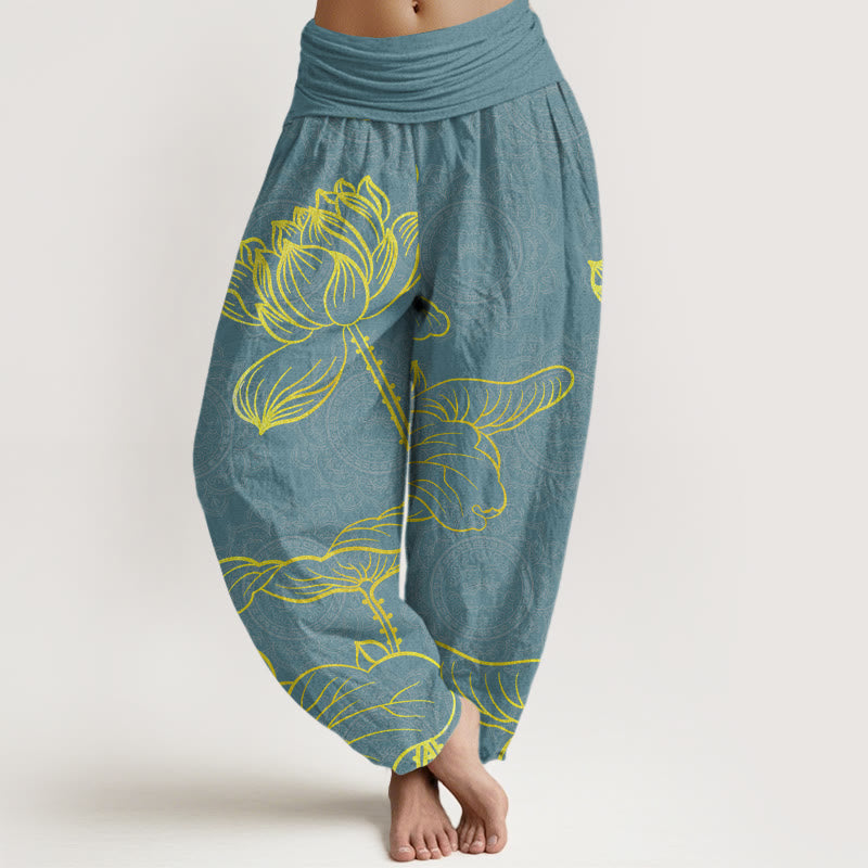 Buddha Stones Golden Lotus Mandala Pattern Women's Elastic Waist Harem Pants