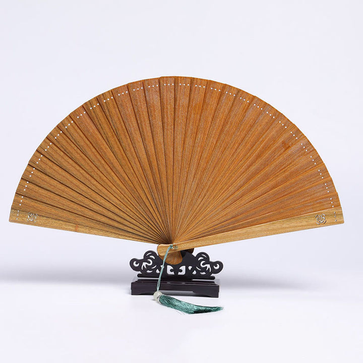 Buddha Stones Auspicious Clouds Crane Peacock Chang'e Moon Engraved Pattern Handheld Green Sandalwood Folding Fan