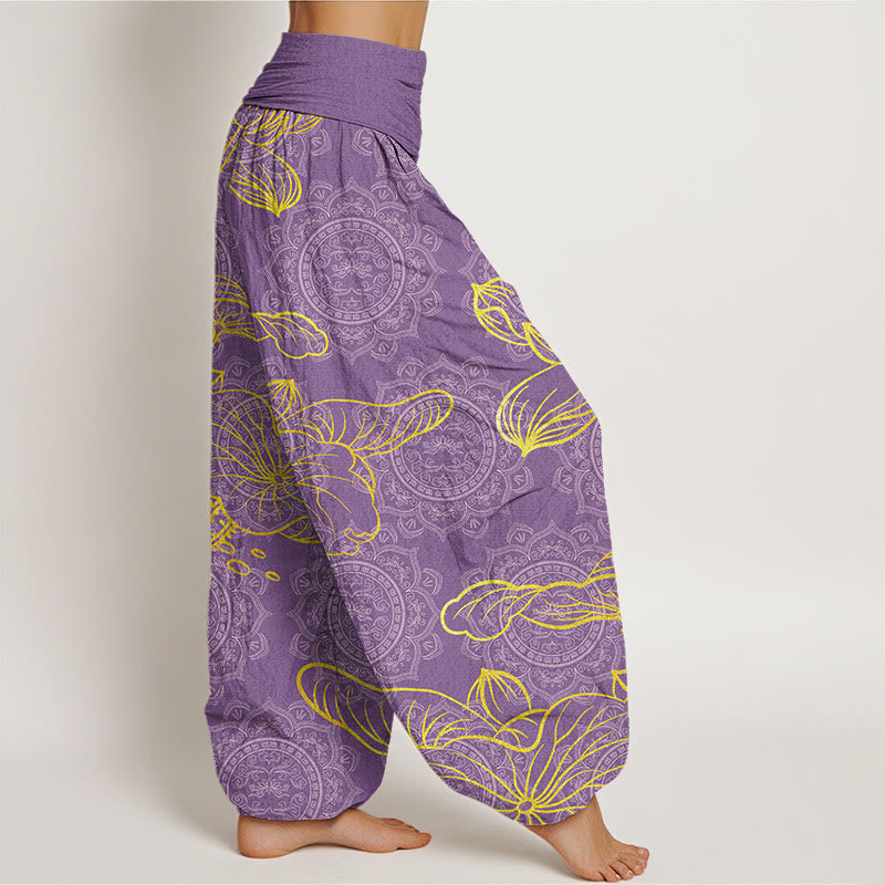 Buddha Stones Golden Lotus Mandala Pattern Women's Elastic Waist Harem Pants