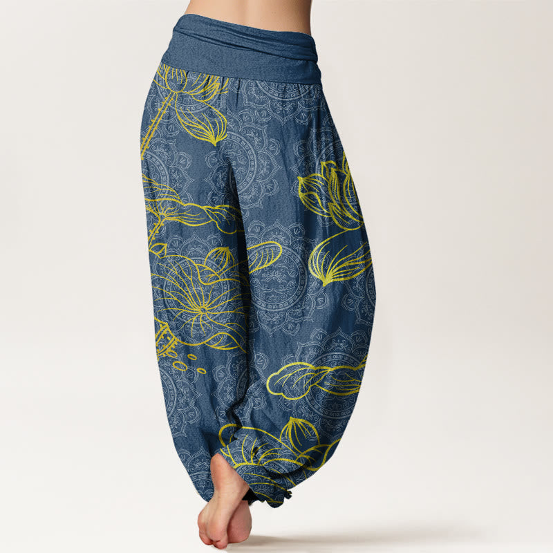 Buddha Stones Golden Lotus Mandala Pattern Women's Elastic Waist Harem Pants