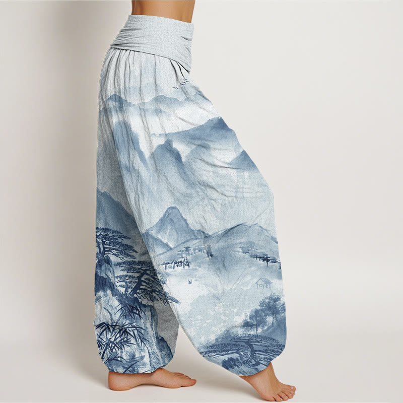 Buddha Stones Mountains Trees Landscape Ink Painting Women's Elastic Waist Harem Pants