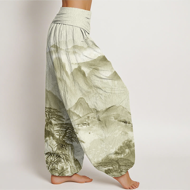 Buddha Stones Mountains Trees Landscape Ink Painting Women's Elastic Waist Harem Pants