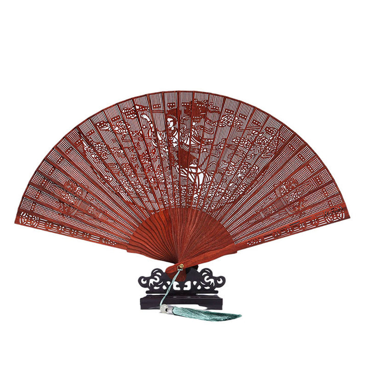 Buddha Stones Crane Peacock Chang'e Moon Engraved Pattern Handheld Small Leaf Red Sandalwood Folding Fan