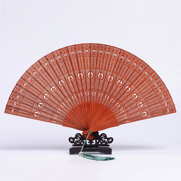 Buddha Stones Crane Peacock Chang'e Moon Engraved Pattern Handheld Small Leaf Red Sandalwood Folding Fan