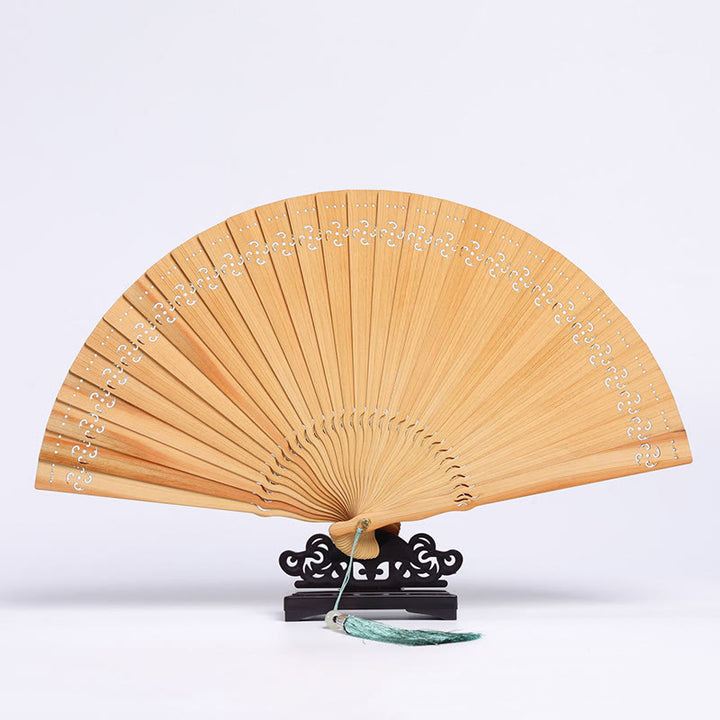 Buddha Stones Retro Chang'e Moon Crane Peacock Hollow Engraved Pattern Handheld Thuja Sutchuenensis Wood Folding Fan