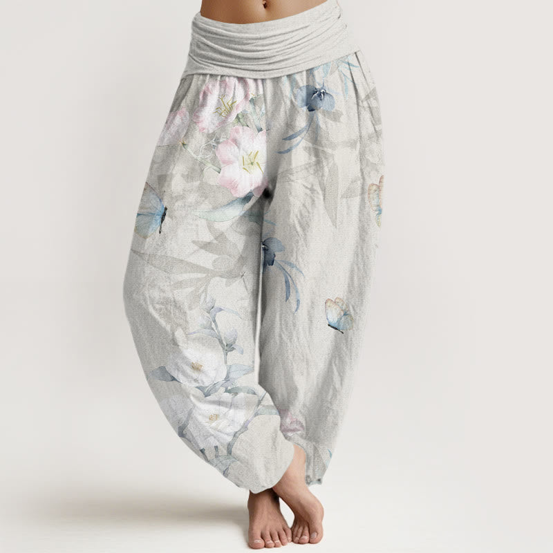 Buddha Stones Cherry Blossoms Hibiscus Butterfly Women's Elastic Waist Harem Pants