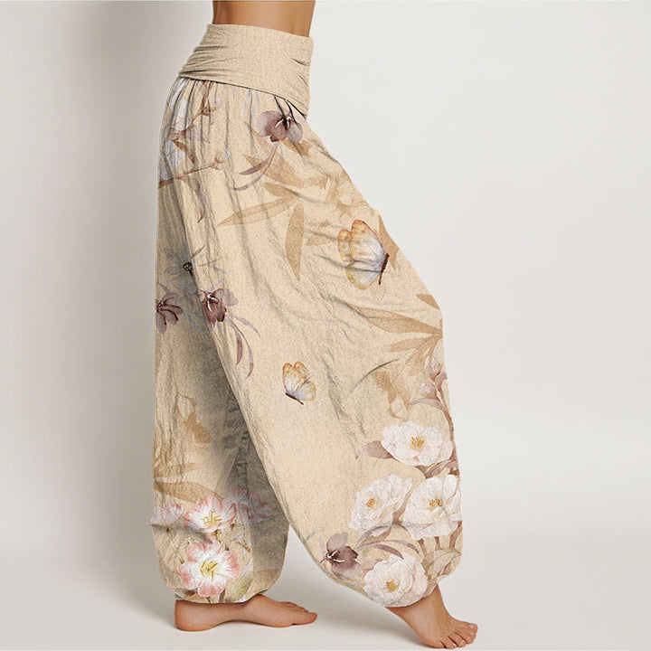 Buddha Stones Cherry Blossoms Hibiscus Butterfly Women's Elastic Waist Harem Pants