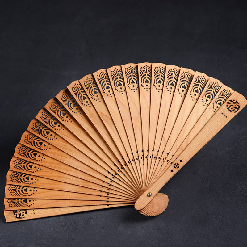 Buddha Stones Auspicious Clouds Fu Engraving Pattern Handheld Thuja Sutchuenensis Wood Folding Fan